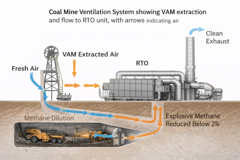 Illustration of coal mine ventilation system showing VAM extraction and flow to RTO unit, with arrows indicating air movement and methane dilution.