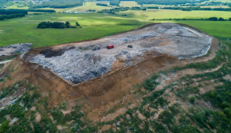 Aerial view of a modern landfill site in South Holland, with gas collection pipes weaving through capped waste mounds under a cloudy Dutch sky.