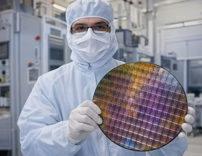 Technicians and silicon wafers in the cleanroom