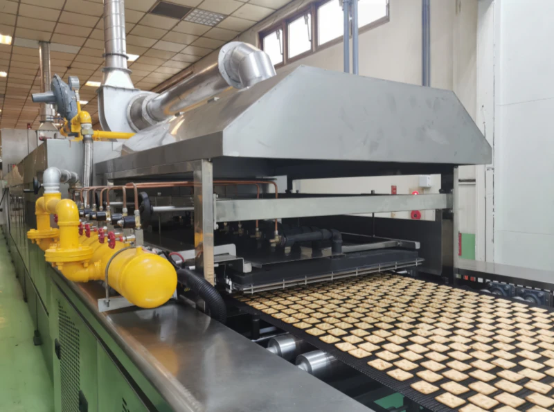 Heat transfer visualization in a biscuit baking oven tunnel, showing convection zones where RTO captures rising vapors from dough transformation.