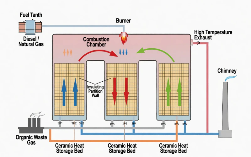 Three-Bed Regenerative Thermal Oxidizer (RTO) engineering layout demonstrating the synergistic VOC destruction and thermal retention mechanism