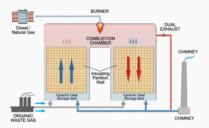 Two-bed RTO system integrated with a corrosion-proof post-treatment scrubber for halogenated VOC elimination.