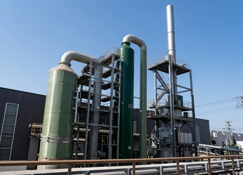 Application scenarios of integrated dust removal and desulfurization system at steel manufacturing rotary kiln EAF dust processing facility showing washing tower limestone-gypsum FGD and wet electrostatic precipitator installation with white plume elimination