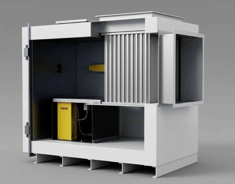 CO catalytic oxidation system for coating industry VOC abatement showing Pt Pd precious metal catalyst bed housing plate heat exchanger natural gas burner for startup warm-up compressed air inlet and treated clean gas outlet for concentrated VOC stream from zeolite molecular sieve concentrator desorption at 250 to 300 degrees Celsius operating temperature