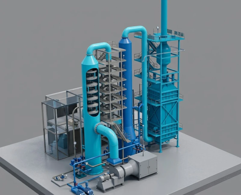 Design model 1 for integrated dust removal and desulfurization system at steel rotary kiln facility showing washing tower FGD absorber tower and wet electrostatic precipitator in combined configuration