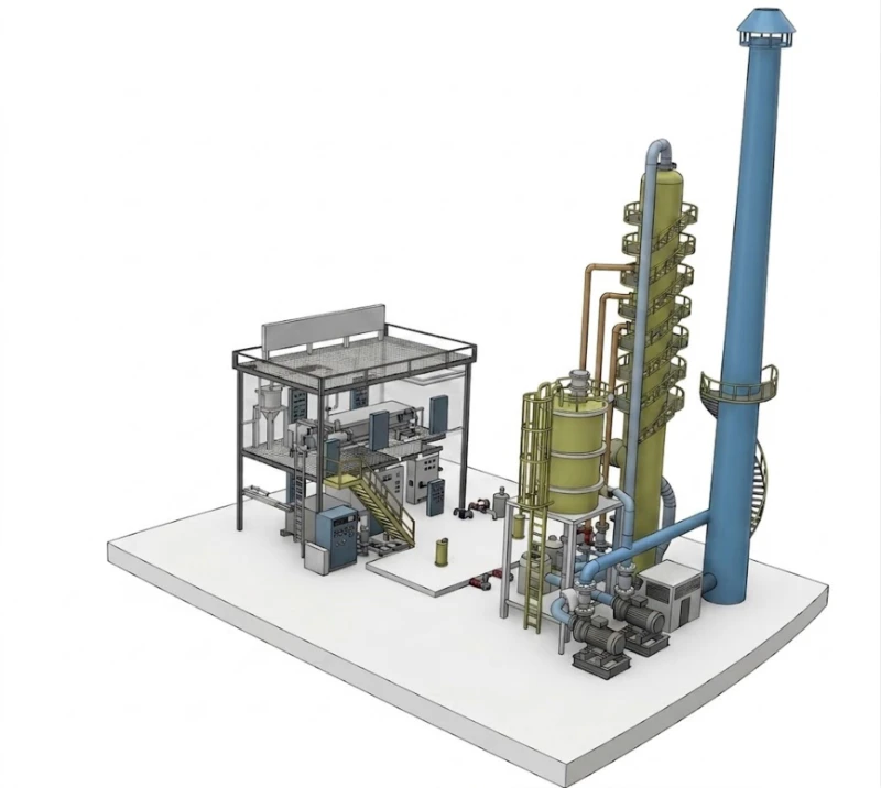 Design drawings for SNCR SCR denitrification and limestone-gypsum FGD desulfurization system for power battery lithium carbonate rotary kiln facility showing absorber tower FGD scrubber SCR reactor and gypsum dewatering configuration