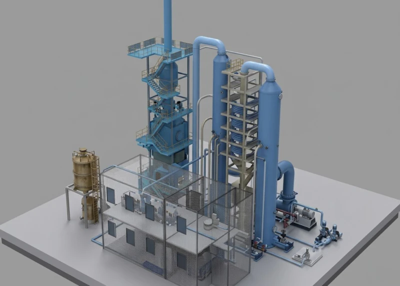 Design model 2 for integrated dust removal and desulfurization system at steel rotary kiln facility showing alternative view of MGGH heat exchanger washing tower FGD scrubber and wet ESP tower configuration for ultra-low emission compliance