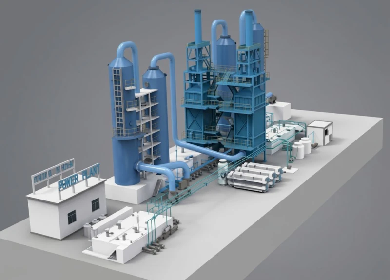 Gevelontwerptekeningen van een geïntegreerd systeem voor de zuivering van rookgassen van meerdere verontreinigende stoffen voor de productie van lithiumcarbonaat in een tunneloven voor de productie van nieuwe energiebronnen, met weergave van de vultoren, FGD-wasser en natte elektrostatische precipitatorconfiguratie.