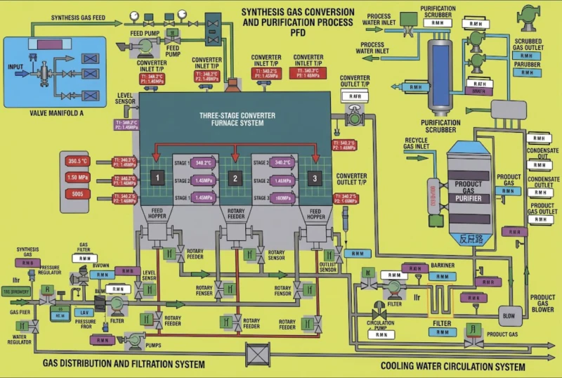 Operational images of RTO and mid-temperature SCR denitrification system at high-end refractory materials tunnel kiln facility showing SCADA control screen system running parameters and clean stack discharge after CO abatement and denitrification treatment