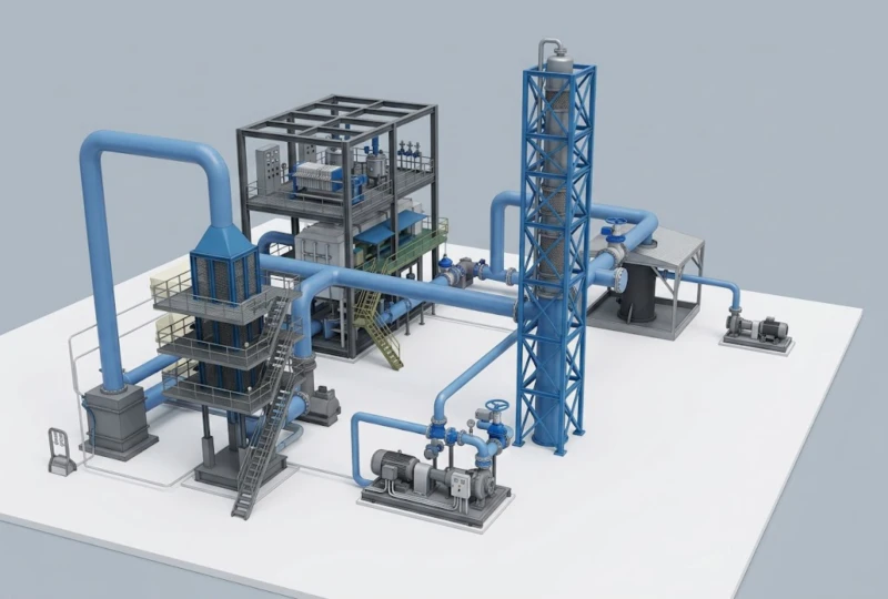 Plan design drawing of RTO and mid-temperature SCR denitrification system for high-end refractory materials tunnel kiln facility showing equipment layout heat exchanger RTO chamber SCR reactor and induced draft fan configuration in compact footprint