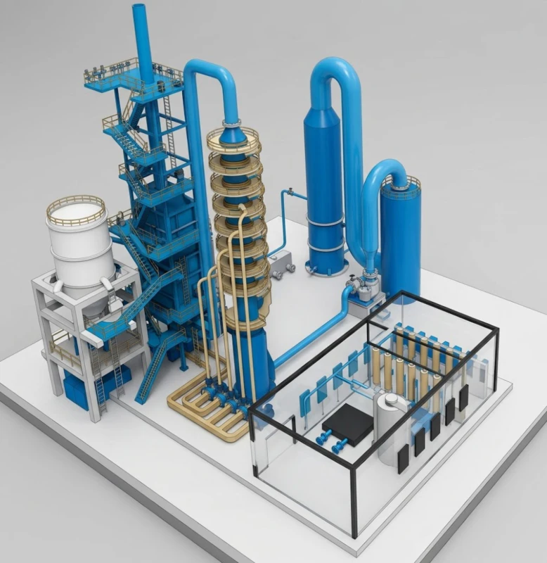 Plan design drawing of limestone-gypsum FGD absorber tower and BLWESP-540 wet electrostatic precipitator system for carbon materials pre-baked anode sintering furnace combined off-gas treatment showing equipment layout slurry circulation system gypsum dewatering and stack configuration