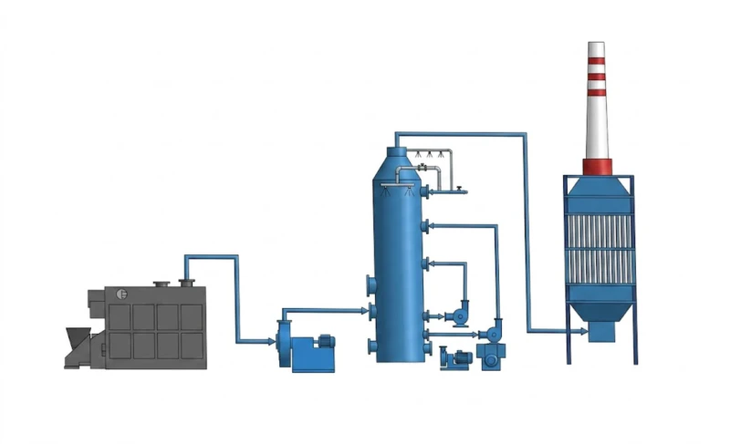 Limestone-gypsum FGD SNCR denitrification and BLWESP-540 wet electrostatic precipitator process flow diagram for carbon materials industry pre-baked anode calcination sintering furnace combined off-gas treatment showing SO2 at 6000 mg per cubic metre inlet FGD absorber CO safety interlock and wet ESP fine particulate polishing