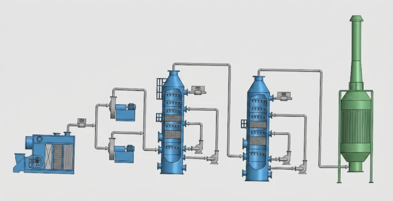Stroomschema van het proces voor de zuivering van rookgassen van een lithiumbatterij-carbonaattunneloven, met de volgende fasen: voorkoeling, vultoren, telluriumverwijdering, COA-denitrificatie, kalksteen-gips-FGD en natte elektrostatische precipitator met magnetische rookgasreductie.