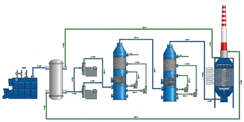 Integrated dust removal and desulfurization process flow diagram for steel rotary kiln EAF dust processing off-gas treatment showing MGGH pre-cooling washing tower limestone-gypsum FGD wet electrostatic precipitator and MGGH gas reheating stages for white plume elimination
