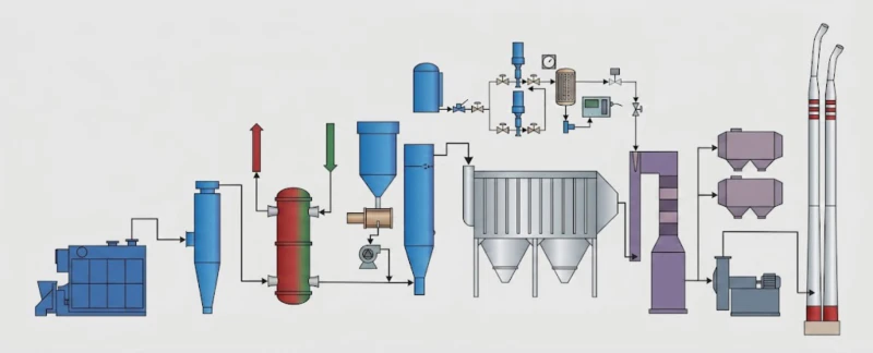Dust removal desulfurization and denitrification process flow diagram for large-scale solid waste comprehensive processing rotary kiln off-gas treatment showing cyclone heat exchanger SDS dry desulfurization pulse-jet bag filter and low-temperature SCR denitrification stages