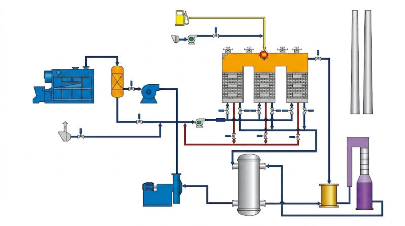 RTO regenerative thermal oxidizer and mid-temperature SCR denitrification process flow diagram for high-end refractory materials tunnel kiln LNG off-gas treatment showing CO abatement bag filter heat exchanger SCR reactor and stack discharge achieving ultra-low NOx and CO compliance
