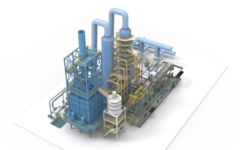 Ontwerptekening van een geïntegreerd stofverwijderings-, ontzwavelings- en denitrificatiesysteem voor de grafitisatie van anodemateriaal in lithiumbatterijen in een Acheson-oven, met daarin een warmtewisselaar voor energieterugwinning, dubbele rookgasontzwavelingsinstallaties en een magnetische rookgasafvanginstallatie BLCNXB-10W.