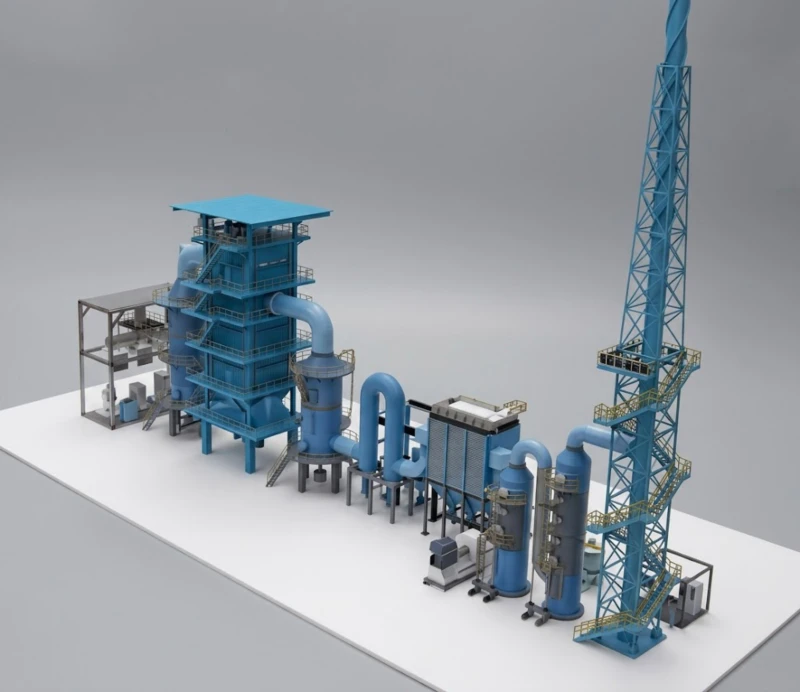 Ontwerptekening van een geïntegreerd stofverwijderings-, ontzwavelings- en SNCR-denitrificatiesysteem voor de behandeling van afvalzout in een SPI-verbrandingsoven, met een blustoren, zakkenfilter en dubbele natte NaOH-wasser met IDF-ventilator en schoorsteen.