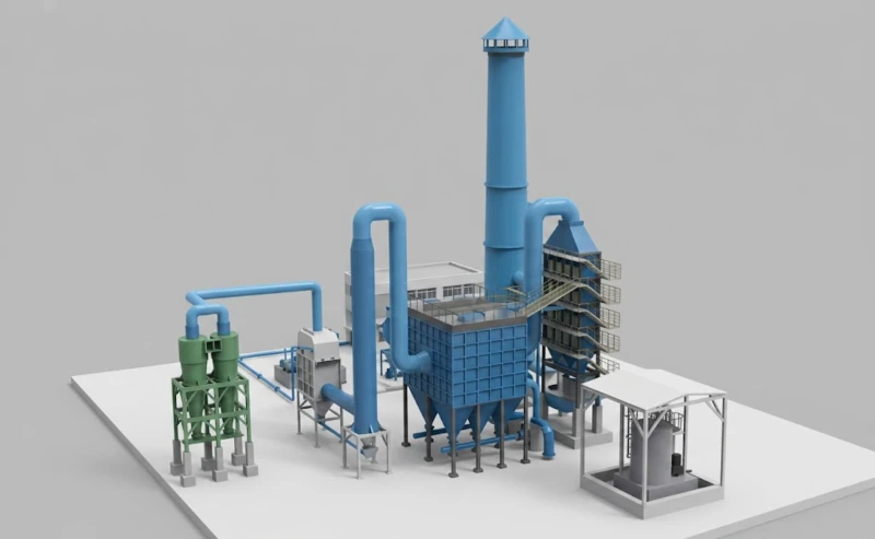 Elevation drawing of dust removal desulfurization and denitrification design for large-scale solid waste processing rotary kiln facility showing flue gas cooling heat exchanger SDS dry desulfurization tower bag filter and low-temperature SCR reactor configuration