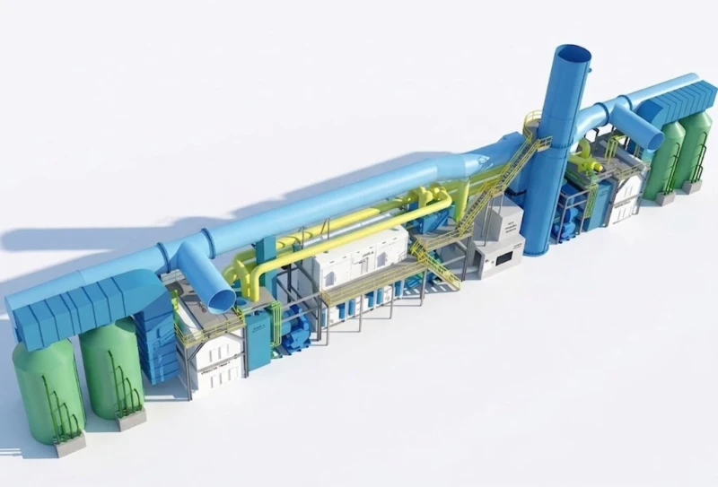 Equipment layout of zeolite molecular sieve concentrator and three-bed RTO system for container manufacturing coating industry VOC abatement showing two large zeolite rotor units four-stage pre-filter chain and compact three-bed RTO unit with induced draft fans in outdoor installation