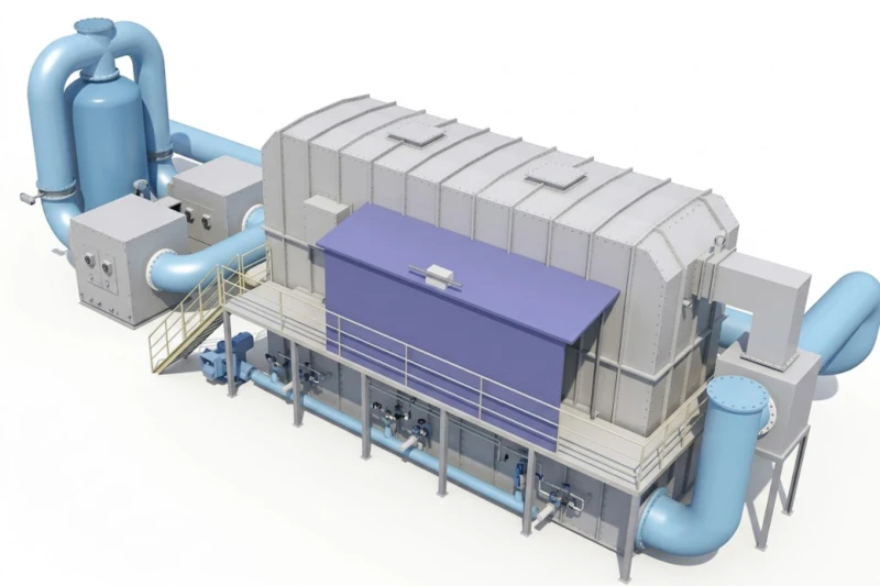Equipment layout of bitumen asphalt industry three-bed RTO VOC abatement system showing 25 by 8.7 metre compact footprint with dual series dry filter pre-treatment vessels online replacement configuration RTO unit with three ceramic heat storage bed chambers induced draft fan and fresh air dilution valve assembly