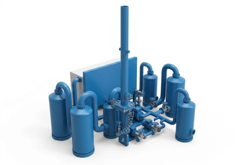 Equipment layout of pharmaceutical API five-stage VOC abatement system showing 24 by 19 metre footprint with alkali wash pre-treatment tower water wash tower three-bed RTO with anti-clogging modular bottom ceramic design post-RTO caustic wash tower final water wash tower and exhaust stack