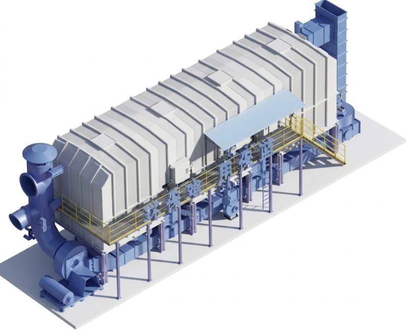 Layout of three-bed RTO equipment showing 23 metres by 6.5 metres footprint with three ceramic heat storage bed chambers combustion chamber poppet valve switching assembly main fan and natural gas burner in compact configuration for printing factory installation