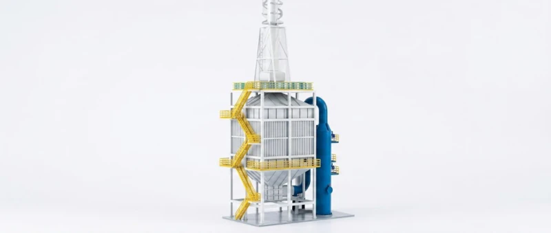 Design elevation drawing of Magnetic Plume Abatement system for solid waste treatment facility showing tower-external module layout and stack connection