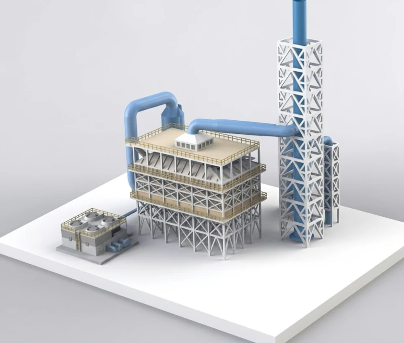 Design floor plan of Magnetic Plume Abatement unit BLCNXB-80W for yellow phosphorus manufacturing facility showing tower-external module layout at 800,000 Nm3/h scale