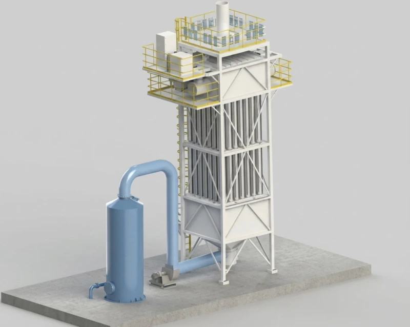 Magnetic Plume Abatement unit BLCNXB-2W floor plan and 3D design layout for copper smelting electrowinning acid mist treatment installation showing compact 3.6x3.6m tower-external configuration