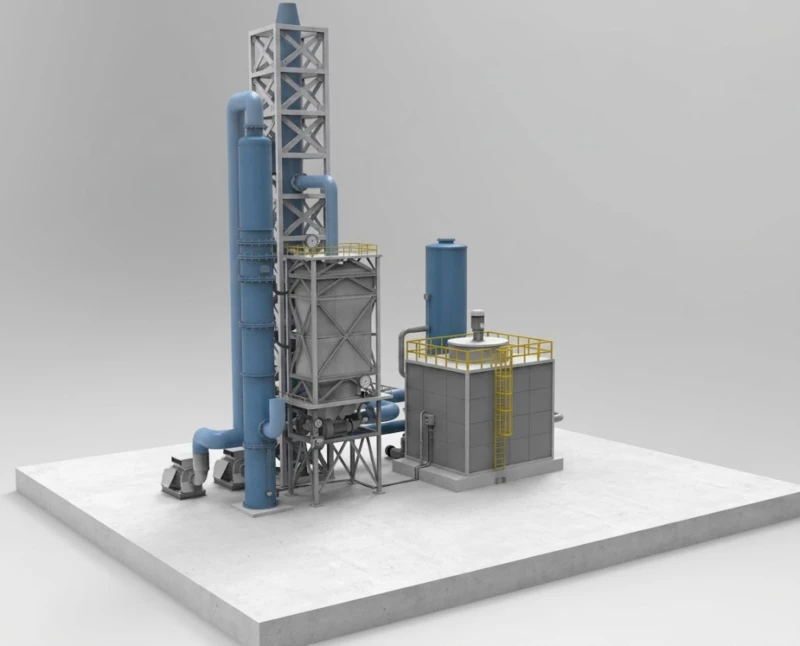 Magnetic Plume Abatement unit BLCNXB-2.2W floor plan and design layout for glass fiber kiln off-gas treatment installation showing dual magnetic field configuration with BLEMG-1KS generator and BLIMF-150B induction field unit