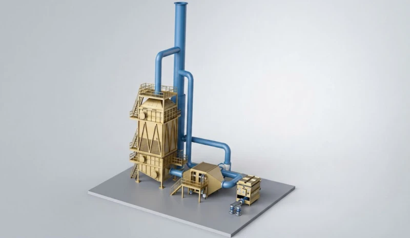 3D graphic design rendering of Magnetic Plume Abatement unit BLCNXB-5W installation for lithium carbonate smelting facility showing tower-external module configuration and floor plan layout