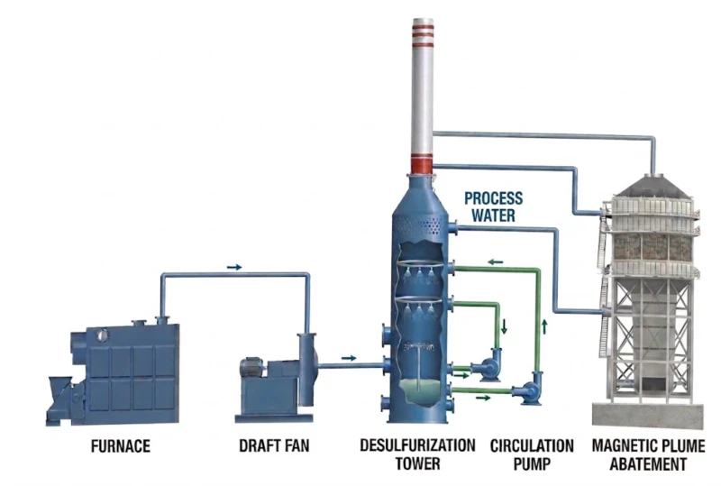 Magnetic Plume Abatement process flow diagram for lead-zinc smelting flue gas treatment system