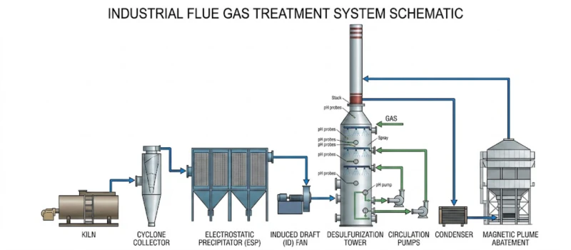 Magnetic Plume Abatement upgraded process flow diagram for lithium carbonate smelting rotary kiln off-gas treatment showing new flue gas cooler and MPA polishing stages integrated into existing treatment train