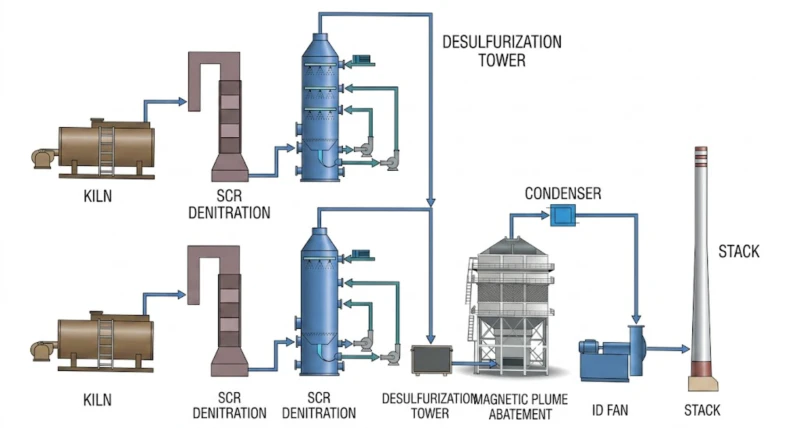 Magnetic Plume Abatement upgraded process flow diagram for antibiotic pharmaceutical chain-grate boiler off-gas treatment showing new waste heat exchanger and MPA polishing stage integrated into existing SCR denitration and wet FGD treatment train