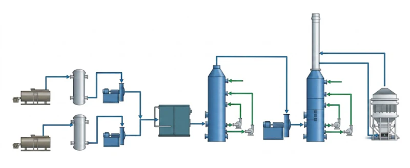 Magnetic Plume Abatement process structure diagram for glass fiber kiln off-gas treatment showing heat exchanger pre-cooling wet FGD scrubber and dual-field MPA polishing stage with BLEMG-1KS and BLIMF-150B induction field units