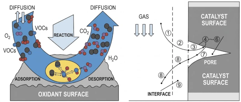 Principle of catalytic combustion of VOCs showing heterogeneous catalytic oxidation mechanism with Pt Pd precious metal particles on catalyst carrier surface reaction steps including VOC adsorption oxygen adsorption surface reaction CO2 and H2O generation and desorption at 250 to 300 degrees Celsius catalyst operating temperature for coating industry spray painting off-gas treatment