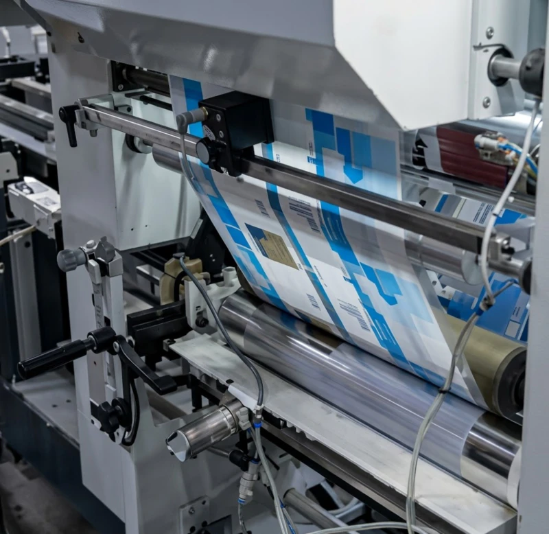 Printing press operating process showing high-speed flexographic printing machine with ink drying oven solvent evaporation zone and exhaust air extraction system that collects VOC-laden off-gas for RTO thermal oxidation treatment
