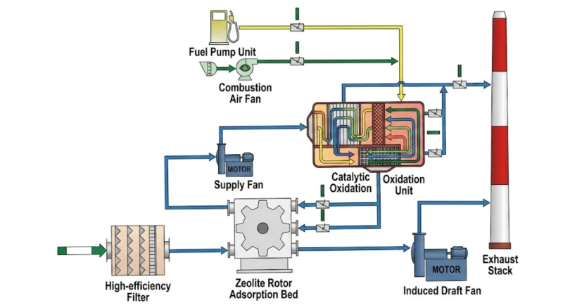 Process flow diagram for coating industry construction machinery spray painting VOC abatement system showing four-stage dry filter pre-treatment zeolite molecular sieve concentrator rotor adsorption and desorption zones plate heat exchanger CO catalytic combustion chamber and clean stack discharge with natural gas burner for startup