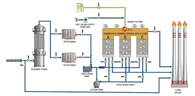 Process flow diagram for plastic pelletizing industry VOC abatement system showing spray wash quench pre-treatment tower ionization catcher high-voltage electrostatic tar collection vessel dual dry filter with standby three-bed RTO with ceramic heat storage bed chambers and clean stack discharge