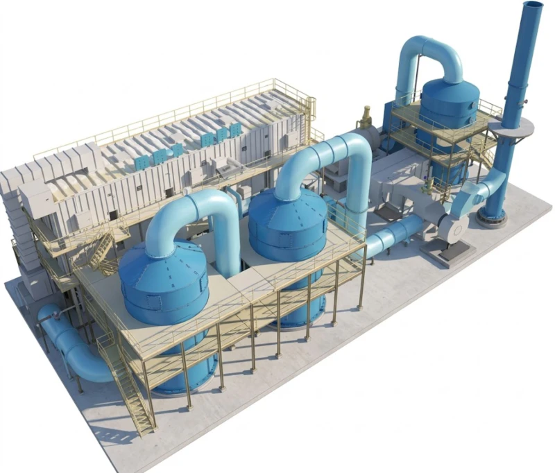 Equipment layout of fine chemical RCO regenerative catalytic oxidizer system showing 30 by 7 metre footprint with alkali wash pre-treatment tower water wash tower ceramic heat storage bed units catalyst chamber electrical heater assembly and induced draft fan for organofluorine polyacrylate production explosion-proof zone VOC abatement installation