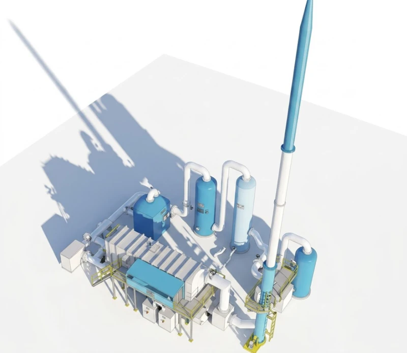 Layout do equipamento RTO, segunda configuração, mostrando uma área de 25 por 15 metros, com um oxidante térmico regenerativo de três leitos, torre de pré-tratamento com lavagem alcalina, tanque de compensação de lavagem com água, pré-aquecedor de vapor e conjunto de ventilador à prova de explosão em uma instalação de redução de VOC em uma refinaria petroquímica.