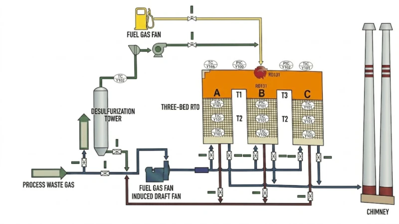 Three-bed RCO regenerative catalytic oxidizer process flow diagram showing three ceramic heat storage bed chambers with valve switching for fine chemical organofluorine production off-gas treatment with alkali wash and water wash pre-treatment catalyst bed at 300 degrees replacing combustion chamber and flameless oxidation for explosion-proof zone installation
