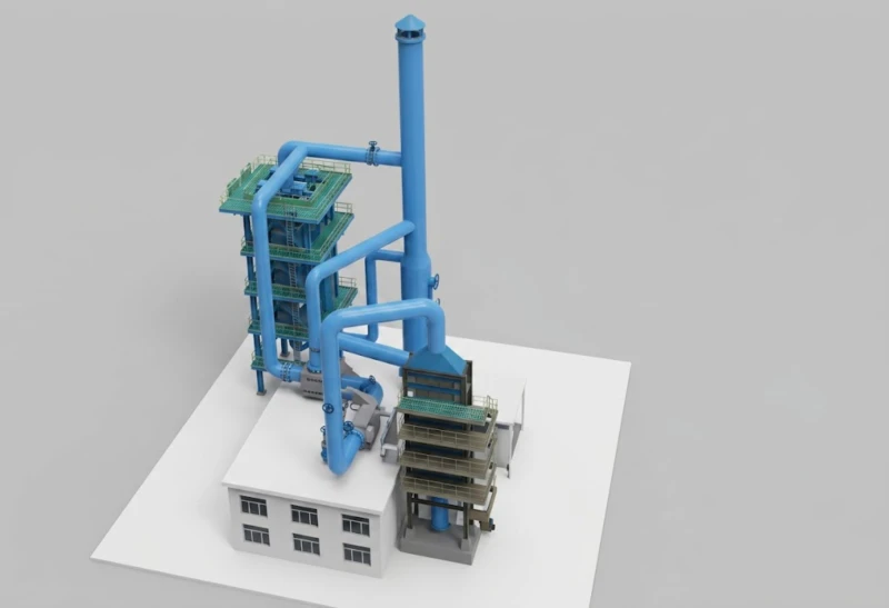 Vertical elevation drawing of ionic liquid desulfurization SCR denitrification and wet electrostatic precipitator system design for solid waste resource recovery facility showing heat exchanger SCR reactor and wet ESP tower configuration