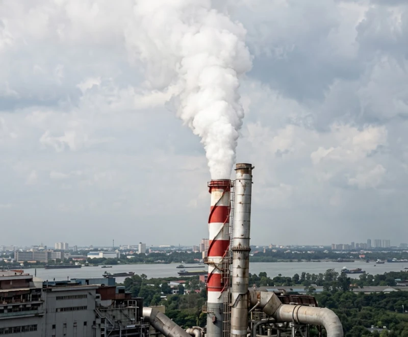 Steel pelletizing plant visible white plume discharge from chain-grate pelletizing line stack when Magnetic Plume Abatement system is switched off, showing dense white smoke before ultra-low emission upgrade